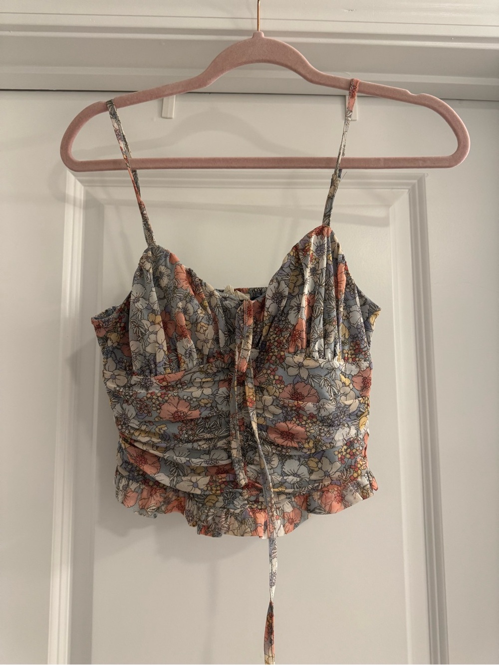 meraki Floral Ruched Spaghetti-Strap Crop Top - Peach, Gray & Yellow